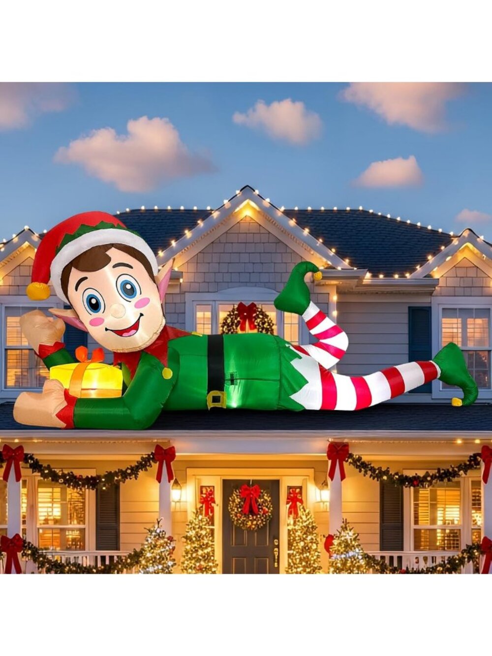 10FT Christmas Inflatable Outdoor Decoration, Giant Lying Elf Inflatable Outdoor